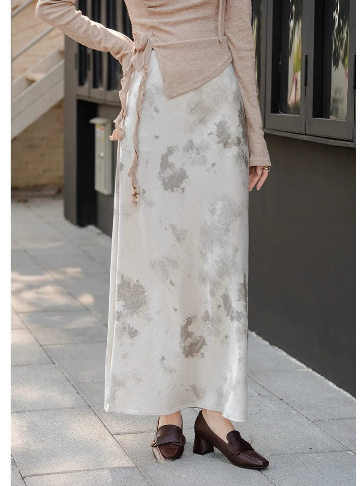 

Шикарная китайская длинная прямая атласная юбка для женщин, летняя, с завышенной талией, А-силуэт, из полиэстера, с принтованным дизайном