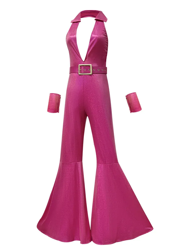 Disco Jumpsuit Hippie Costumes Pie Retro Disco Bidtsyut Pink Hip Hop Flare Bottoms Glitter Jumpsuit Belt and Wrist Strap