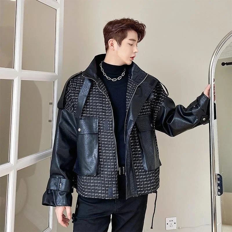 Luxury Light Men's Stitched PU Leather Jackets High Quality Streetwear Oversized Coat 2022 New Korean Spring Clothes 2Y2328