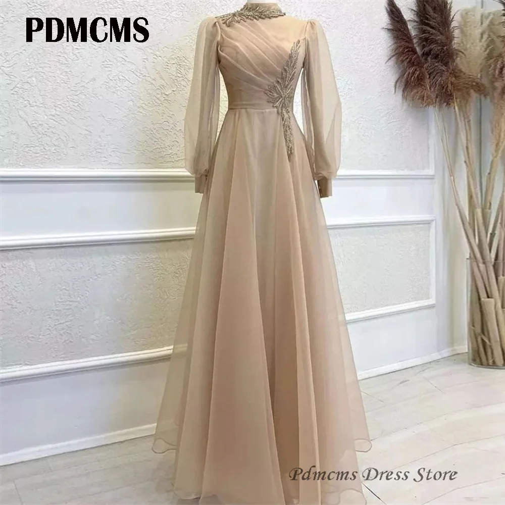 

PDMCMS Tulle Appliques Muslim Evening Dresses Long Sleeves Islamic Hijab Formal Party Gown Arabic Dubai High Neck Islamic Robes