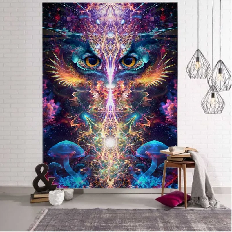 Owl starry sky mushroom tapestry wall hanging psychedelic skull wings hippie bohemian witchcraft aesthetics room wall decorat#0@