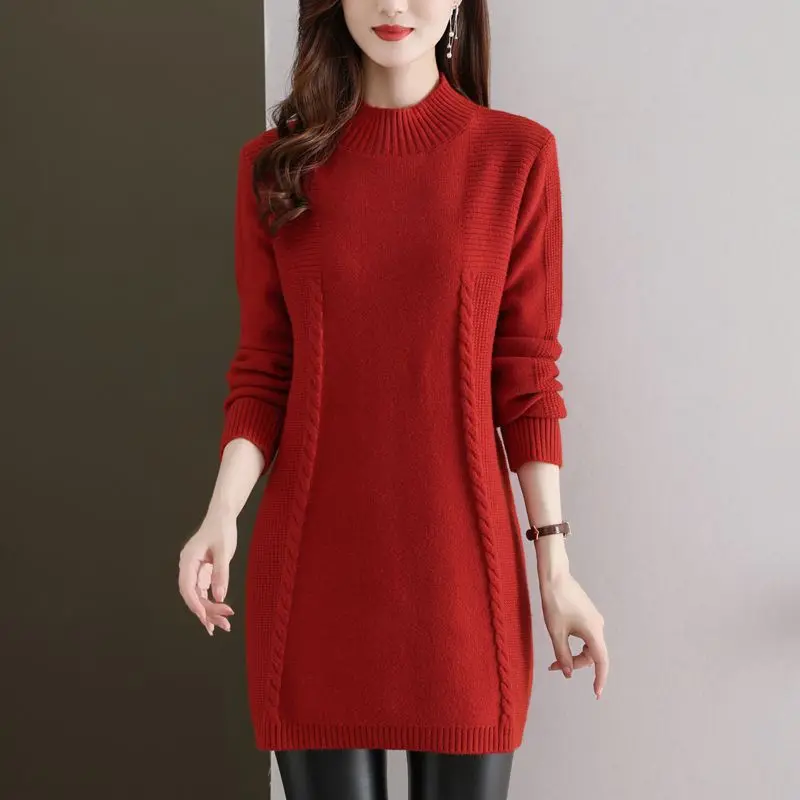 Thickened Outerwear Winter New Women's Fashion Solid Color Interior Loose Base Shirt Medium Long Half High Neck Knitted Sweater