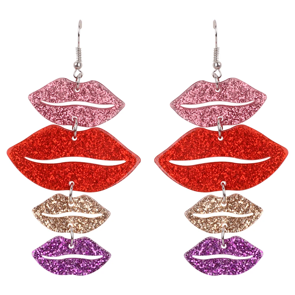 Trendy Multilayer Red Lips Acrylic Drop Earrings For Women Colorful Geometric Glitter Long Dangle Earrings Fashion Jewelry Gifts