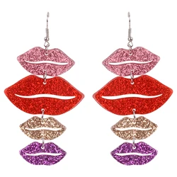 Trendy Multilayer Red Lips Acrylic Drop Earrings For Women Colorful Geometric Glitter Long Dangle Earrings Fashion Jewelry Gifts