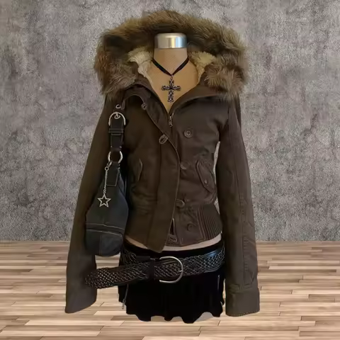 Vintage sle coat can accommodate brown fce lining jaet women's slim and fur button button details long sve zipper cl ...