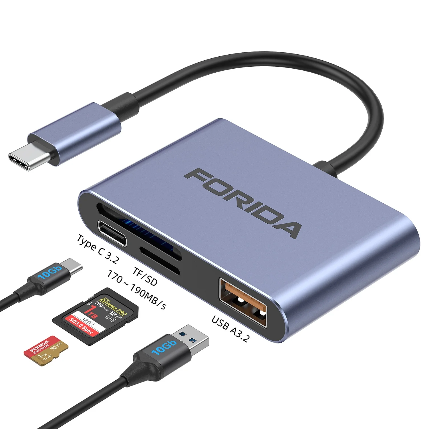 

FORIDA 4IN1 USB-концентратор типа C USB A 3,2 10 Гбит/с, адаптер передачи данных TF SD 190 МБ/с, устройство чтения карт памяти для Macbook, ноутбука, телефона, геймпада