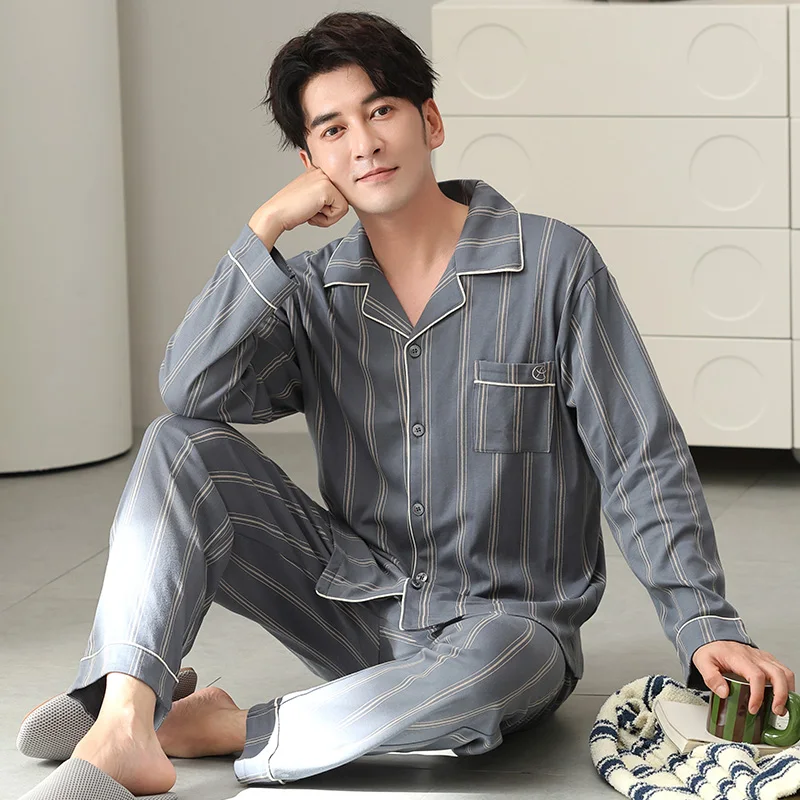 Plus Size M-4XL Men Pajamas Set 100% Cotton Turn-down Collar Sleepwear Male Autumn Striped Pyjamas