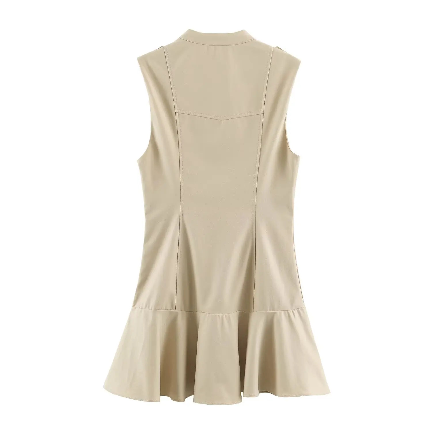 Sommerliches ärmelloses Rüschenkleid für Damen, V-Ausschnitt, hohe Taille, schicke Knopfverzierung, Mini-Kleid, lässiges Damenkleid für den Alltag. – Detail 3