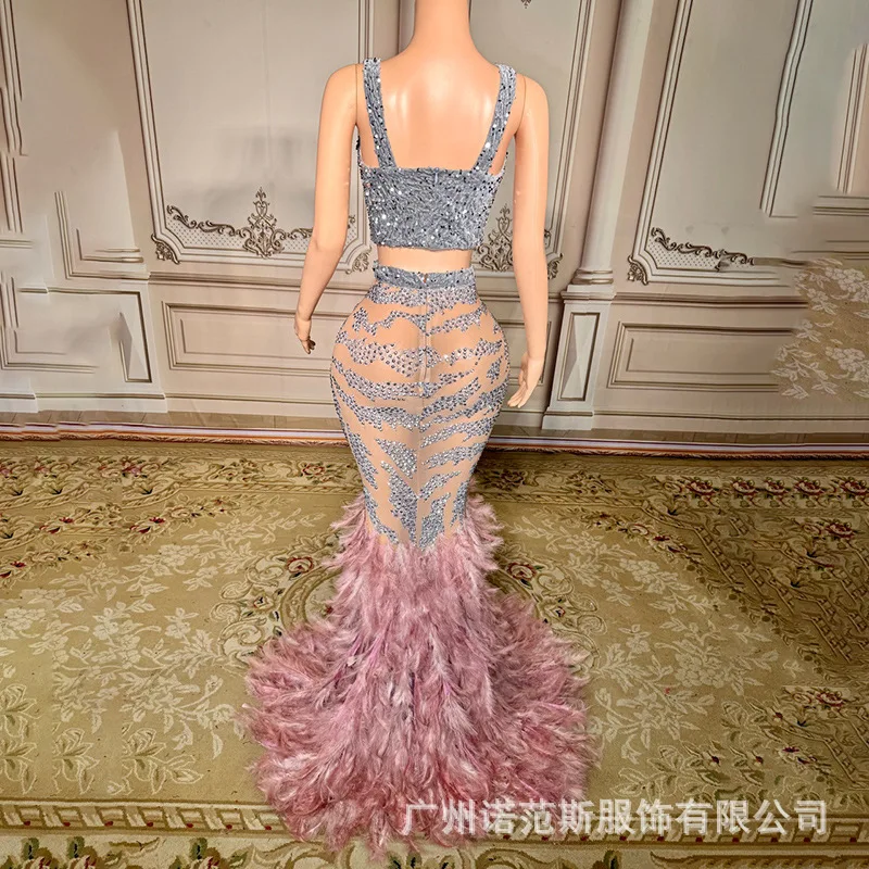 الجنية الفاخرة لامعة الفضة حجر الراين مزاجه ريشة الحمالات ذيل السمكة فستان مأدبة مرحلة الأداء Ballkleid Luxuskleid