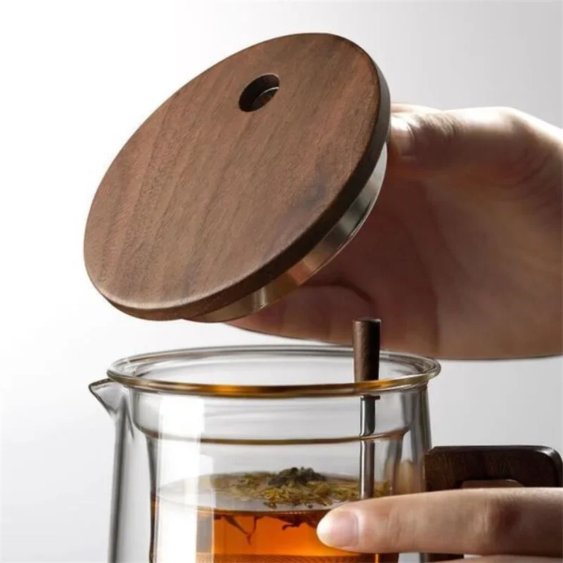 

Filter Inner Glass Water Wood One Pot Separation Click Walnut Filtering With Handle Tea Teapot Infuser Container