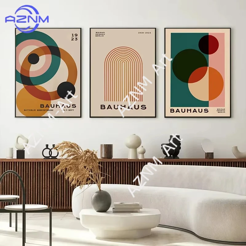 Vintage mittelalterliches farbiges geometrisches Leinwandgemälde, Bauhaus, trendige Linien, Halbkreis, Wandkunst, Poster, Druck, Bilder für Raumdekoration