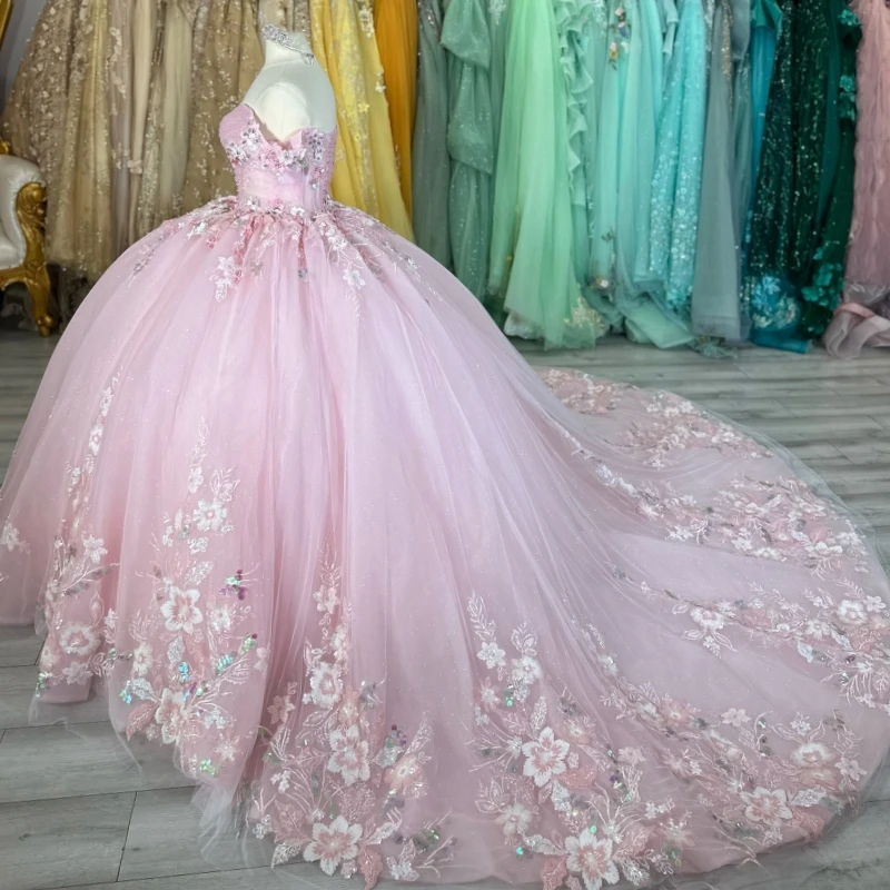 핑크 샤이니 퀸시에라 드레스 오프숄더 아플리케 레이스 비딩 크리스탈 파티 생일 스위트 16 드레스 베스티도스 데 15 아뇨스