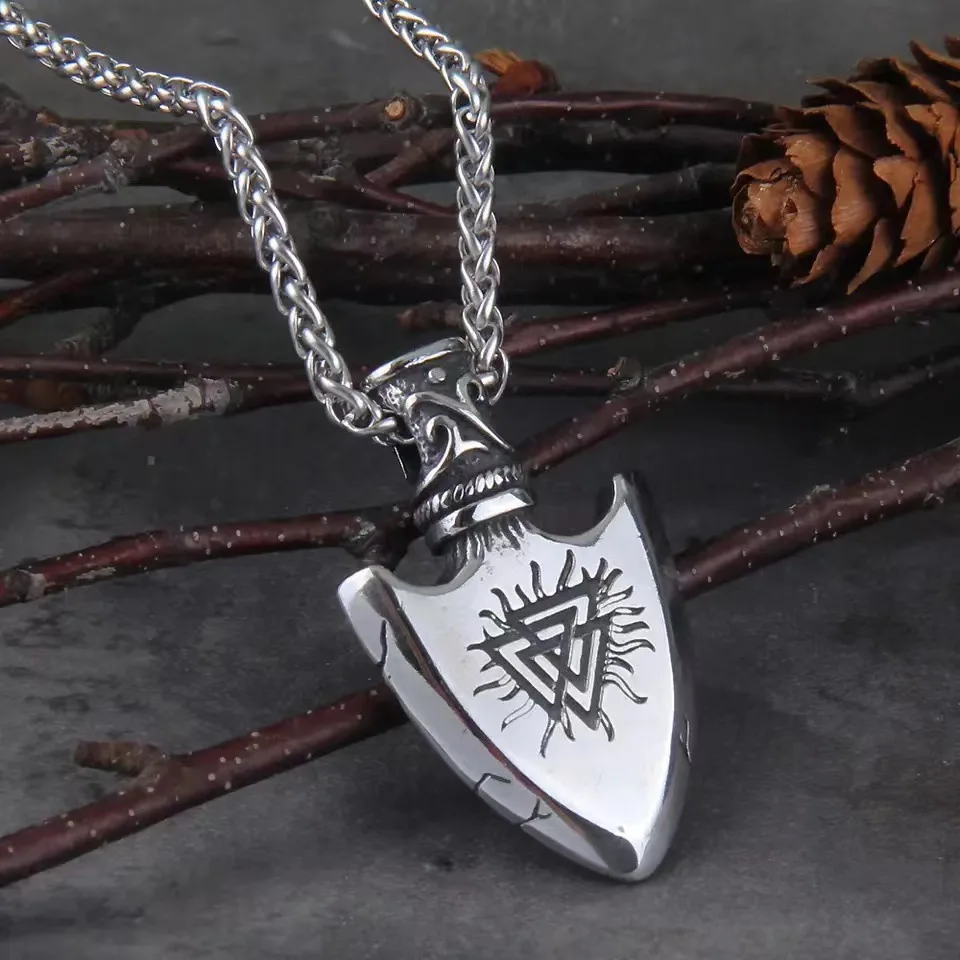 Nordic Odin Viking Spear Triangle Knot Shield Pendant Necklace Men's Punk Hip Hop Trendy Cool Accessories