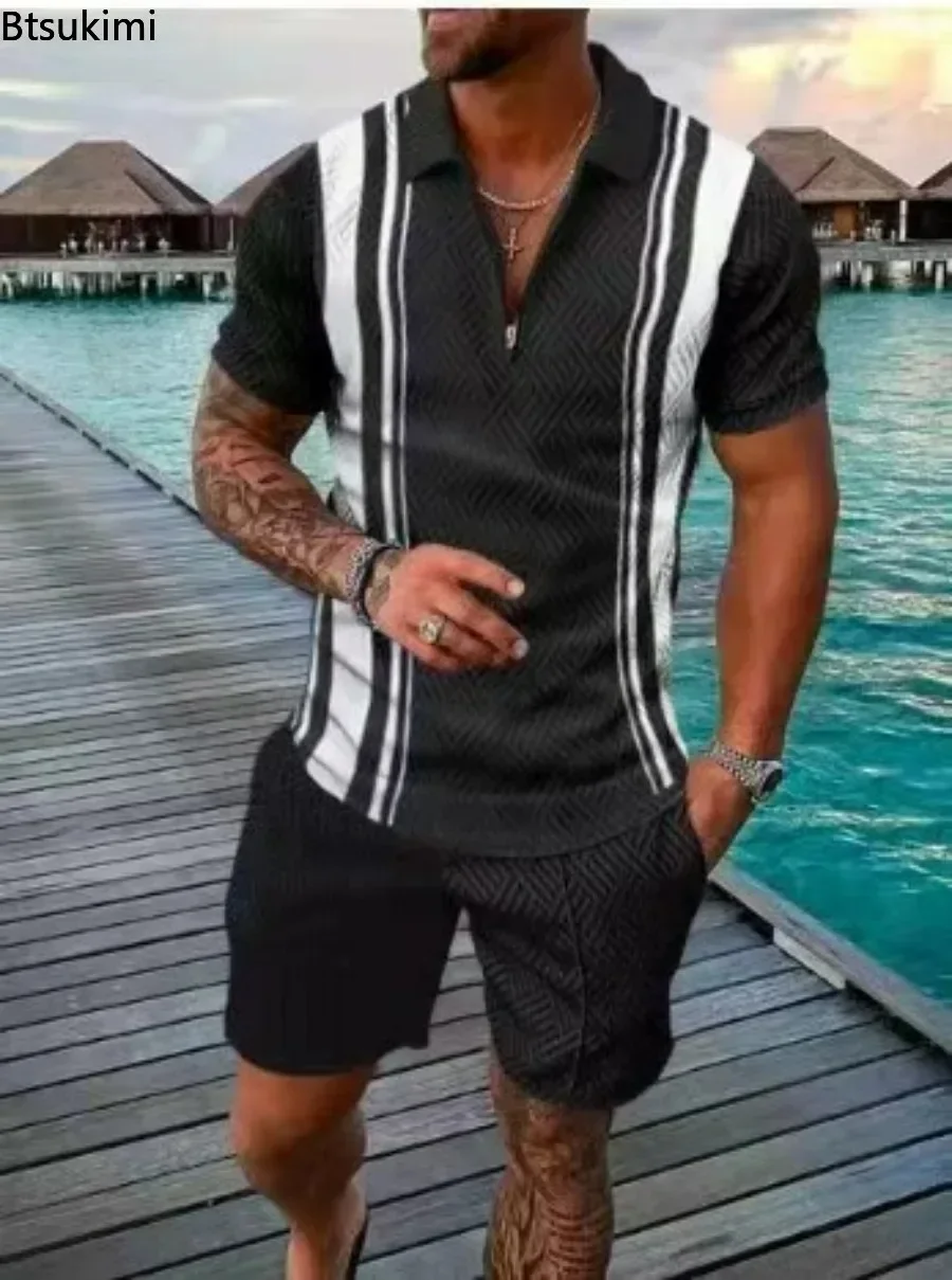 New 2024 Men\'s Polo Suit Fashion Men Sets Solid Summer V-neck Zipper Short Sleeve POLO Shirt+Shorts Two Pieces Men Casual Suit