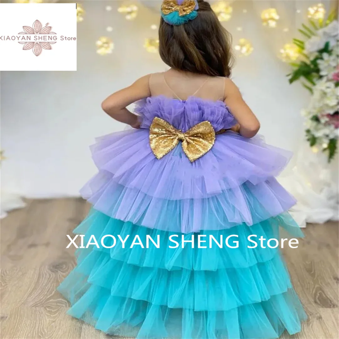 Flower Girl Dress Double Color senza maniche Tulle Lace Layered Princess Ball abito da prima comunione bambini sorpresa regalo di compleanno