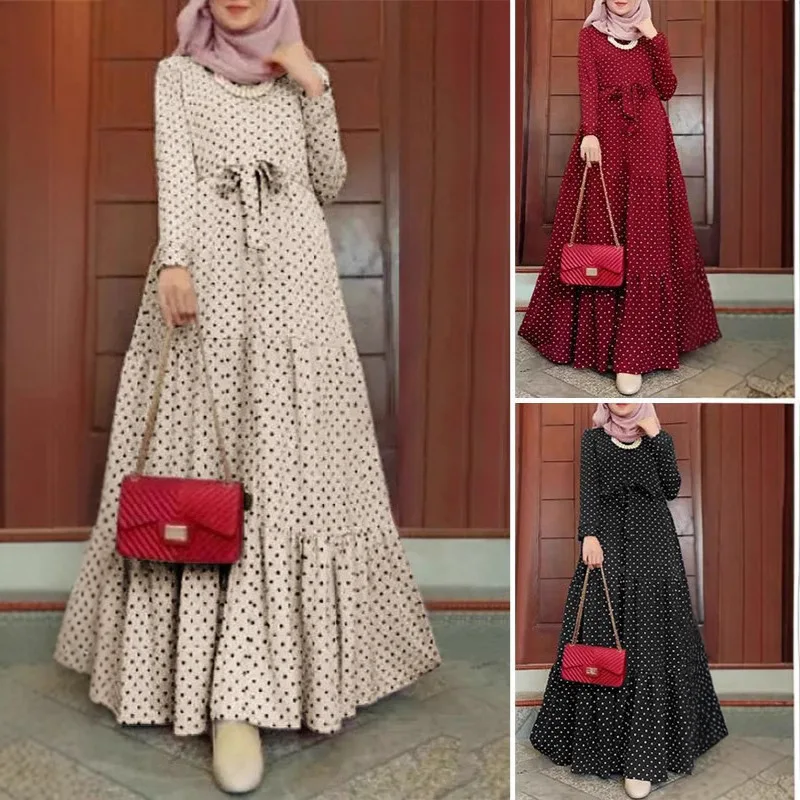 New Muslim Dresses Robe Arrival Muslim Moroccan Polka Dot Long Sleeve Dress Fashion Belt Sundress Party Robe in Stock