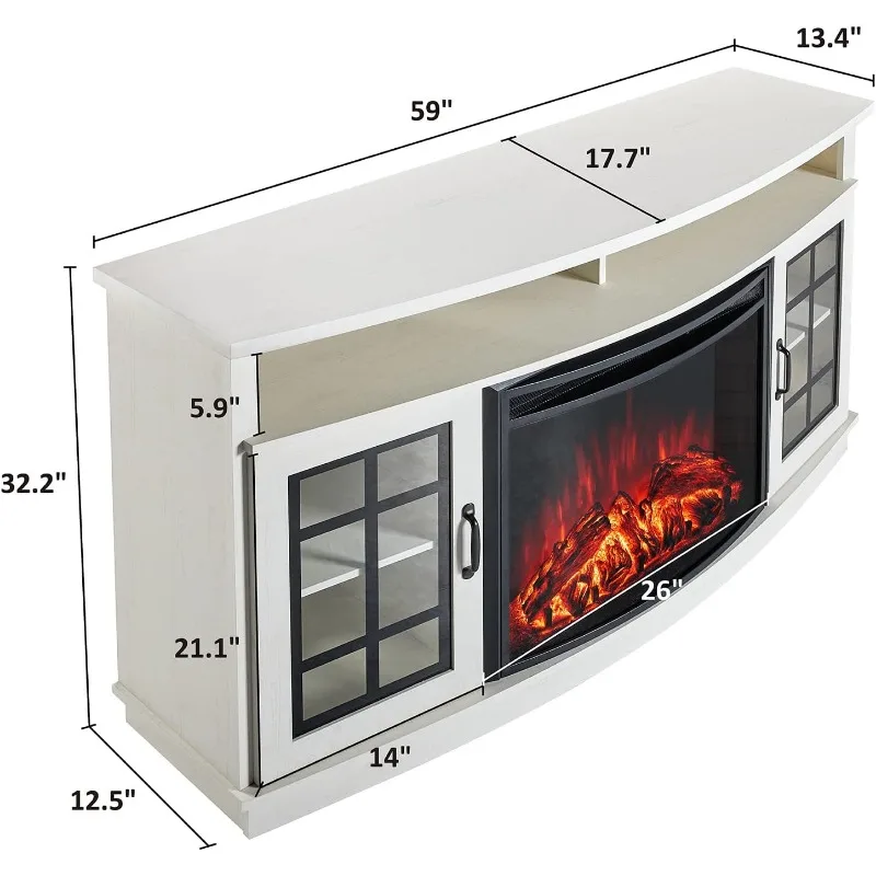 AMERLIFE Soporte para TV con chimenea curvada con chimenea eléctrica de 26 pulgadas, gabinete de almacenamiento con puerta de vidrio para centro de entretenimiento multimedia