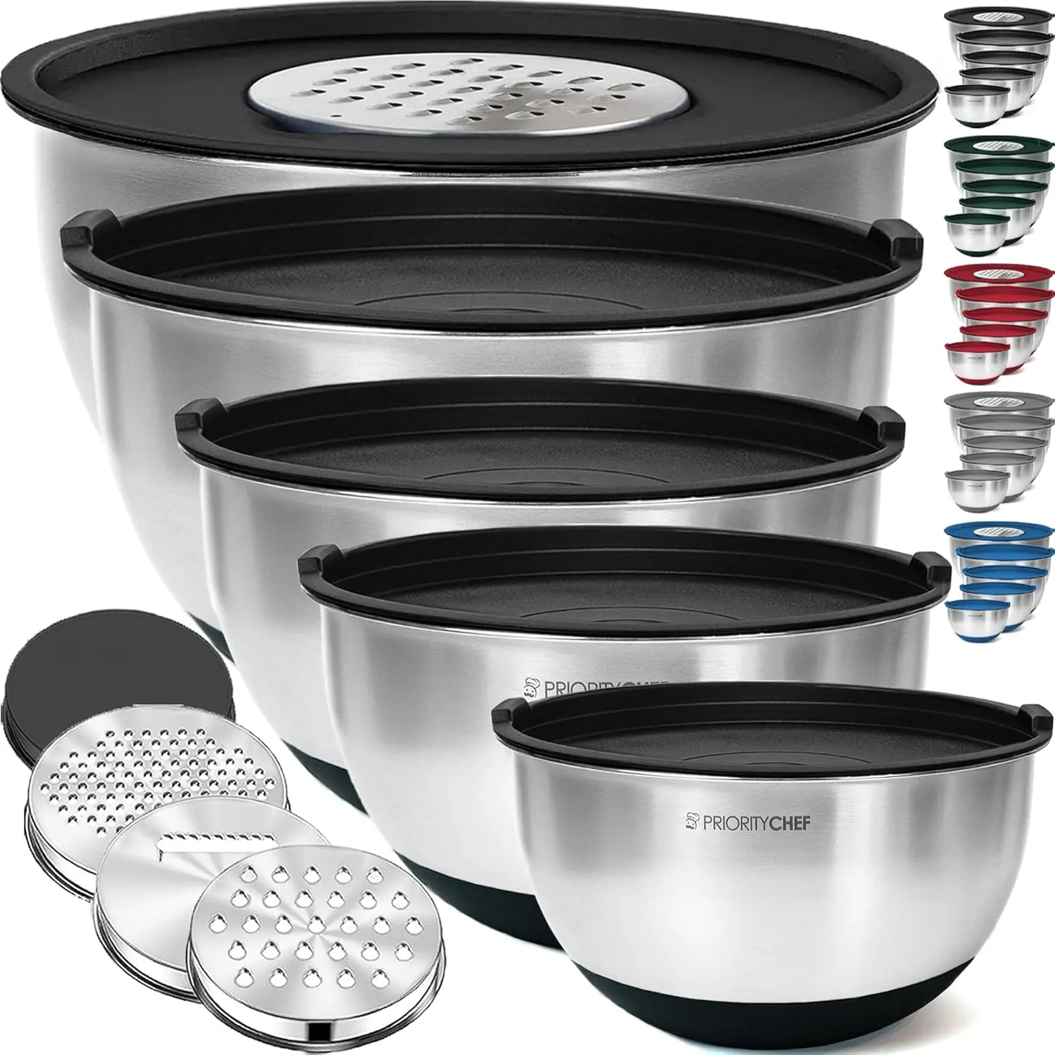 

Stainless Steel Mixing Bowls with Lids Set, 3 Grater Attachments, Airtight Lids, Non-Slip Silicone Base Mixing Bow