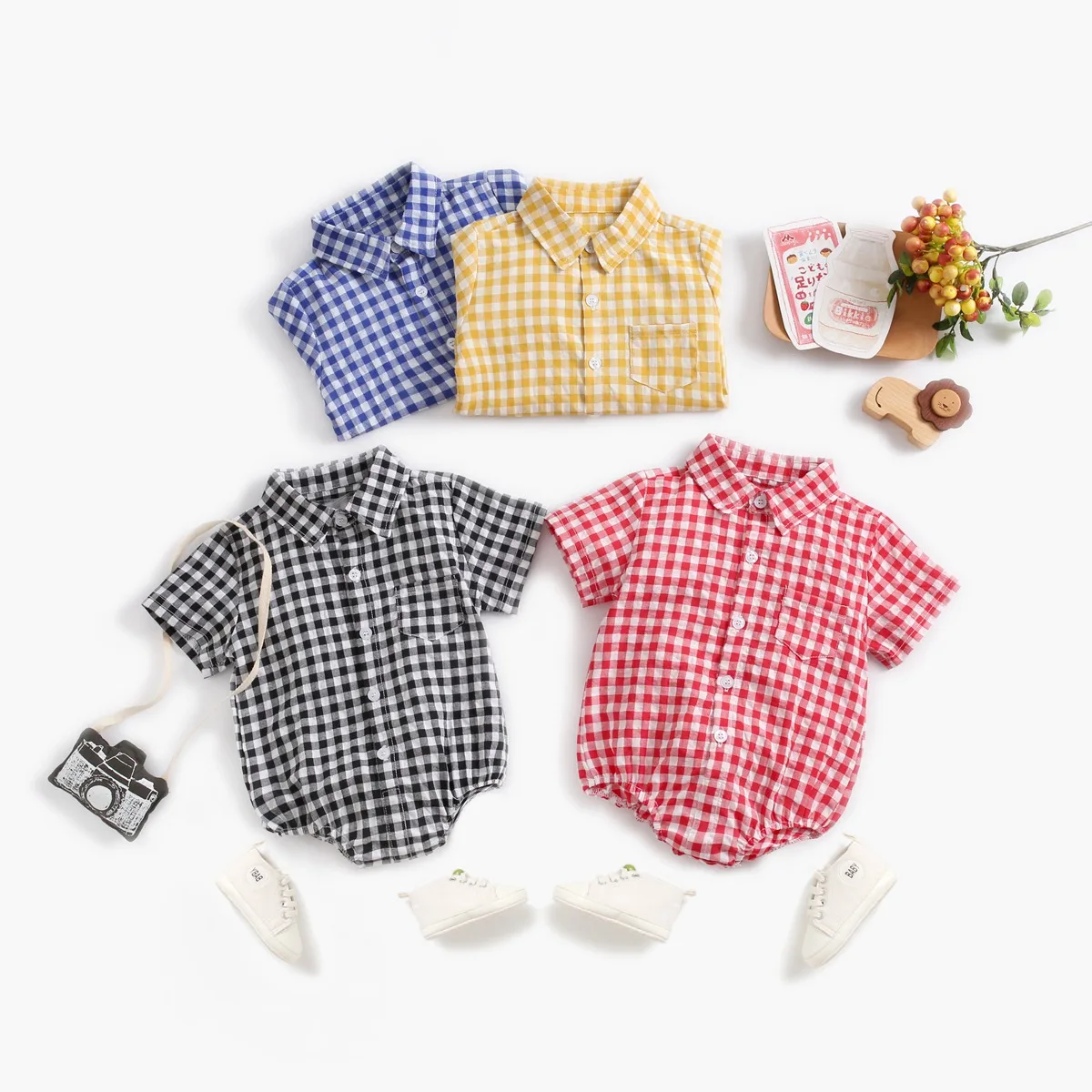 

Baby Plaid One-piece Romper Newborn Climbing Suit Summer Baby Cotton Short-sleeved Shirt Fart Coat 0-3 Years Old