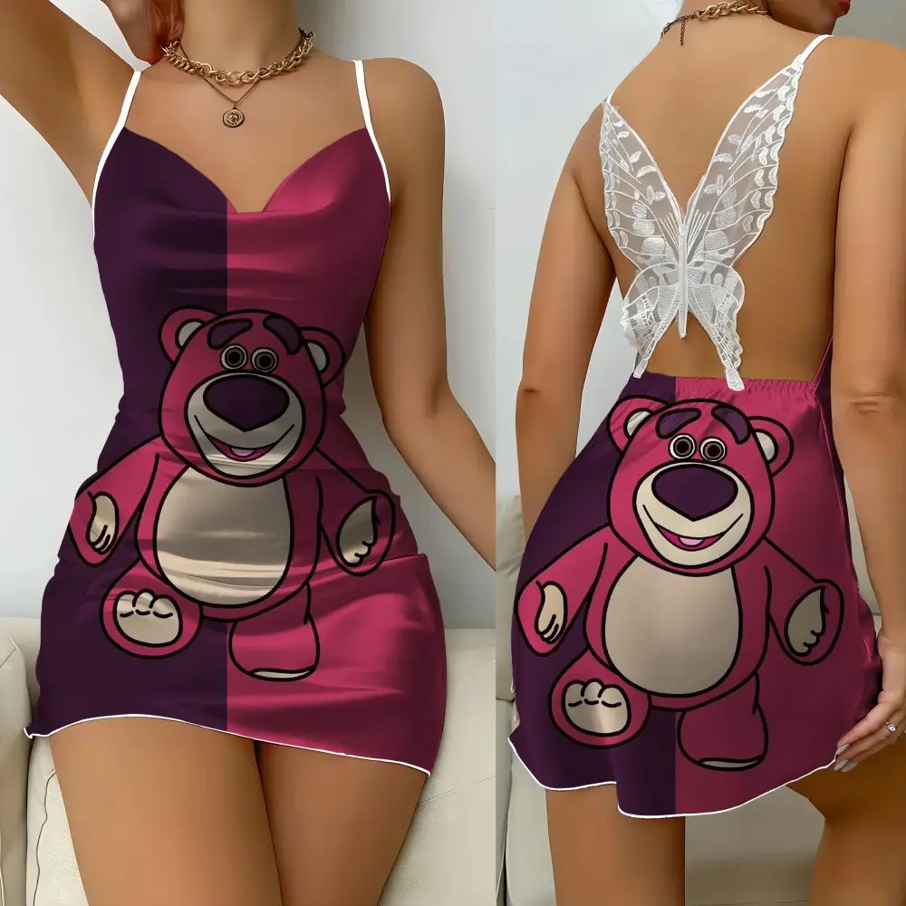 Sexy trendige Kleidung Damen Schmetterling Spitze Hosenträger Home Nachthemd Disney Lotso süßes Musterdruck Satinkleid