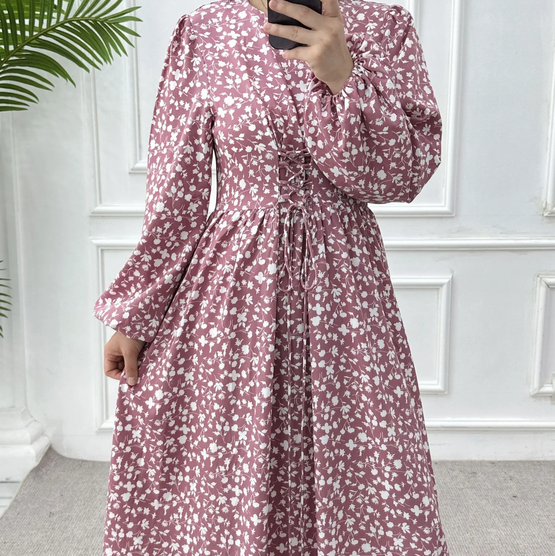 Abito lungo floreale musulmano 2025 Vita casual Abbigliamento islamico Donna Abito estivo casual Abiti stampati in vita alla caviglia Girovita