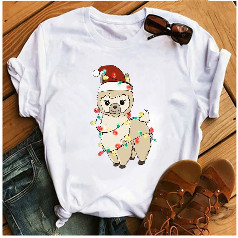 

2022 New Female Christmas Alpaca T-shirt MS Harajuku T-shirt Stylish Round-necked Kawaii T-shirt