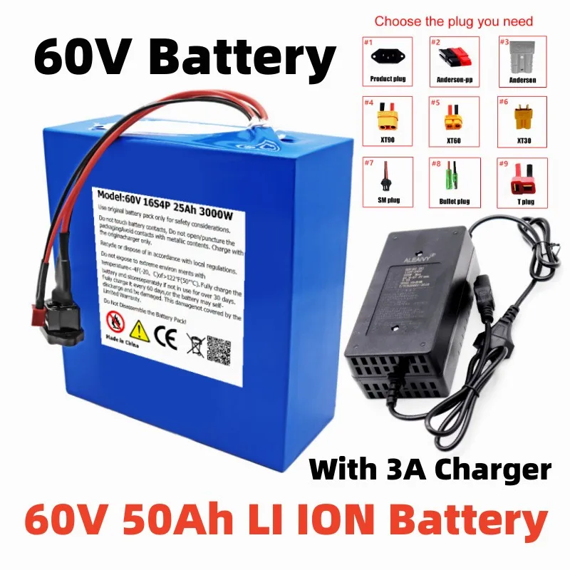 60V 30Ah Electric Bike 21700 Battery for Scooter Motorcycle 67.2V 3000W Rechargeable Battery with Same Port BMS and 3A Charger