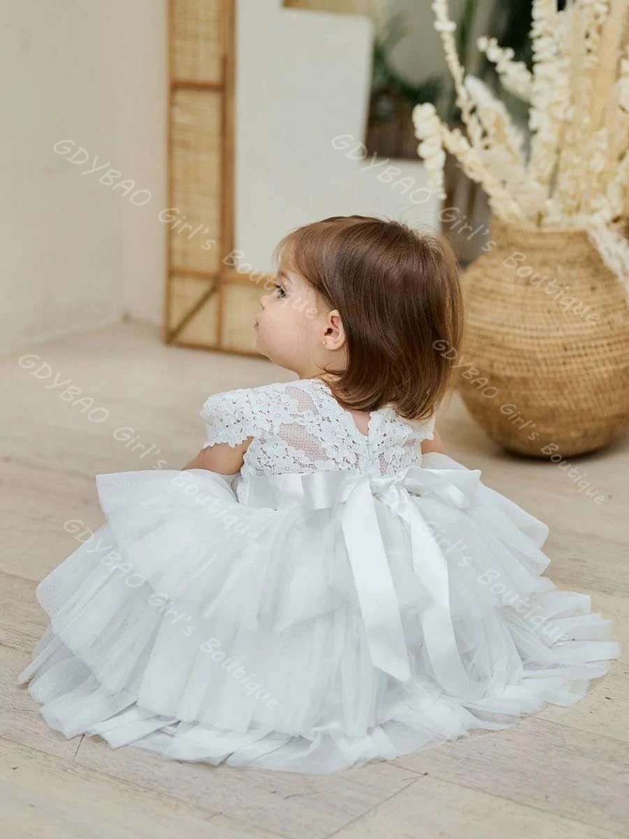 Платье для первого причастия для маленьких девочек, многоуровневое тюлевое платье с кружевными рукавами для девочек 0–14 лет, детское бальное платье на крестины по индивидуальному заказу