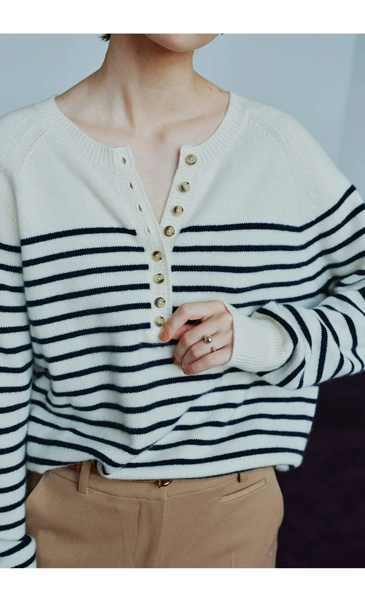 French crew-neck sweater Women's half-open neck breasted horizontal striped long sleeve pullover cashmere sweater loose knit top