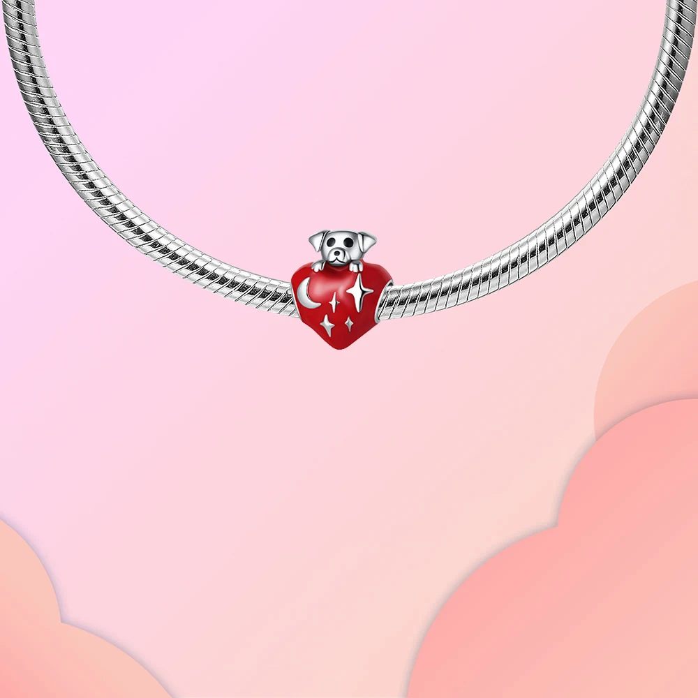 925 Sterling Silver Red heart-shaped puppy Beads Charm Fit Original Pandora Charms Bracelets Women DIY Jewelry Gift