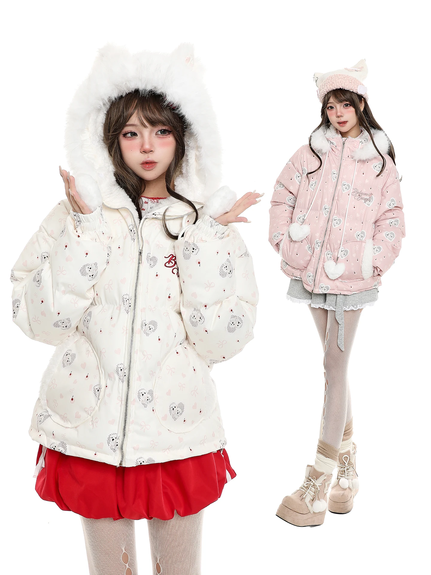 Cute Cartoon Print Fur Collar Hooded Cotton Jacket Women's Winter Loose Casual Super Cute Warm Bread Style Zipper Closure Lon...