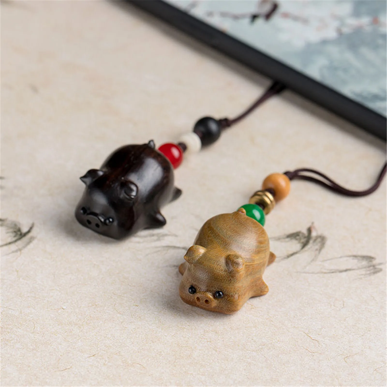 Wooden Black Pig Keychain Lucky Animal Miniature Wood Cute Carving Zodiac Pig Ornaments DIY Pendant Key Chain Children's Gift