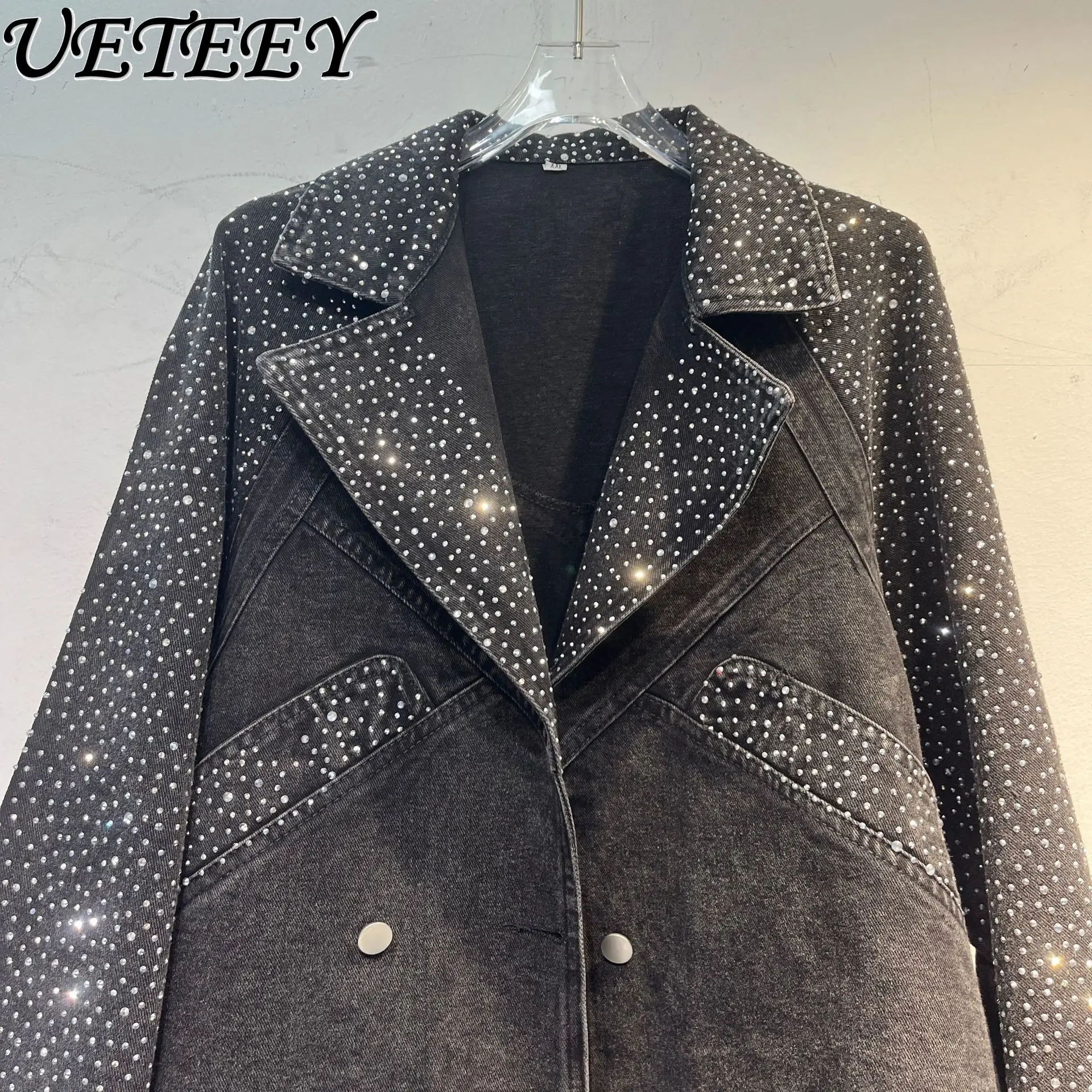 

Heavy-duty Rhinestone Denim Jacket Women 2025 Early Autumn New Korean Loose Retro Washed Black Jeans Coat Female Fashion Clothes