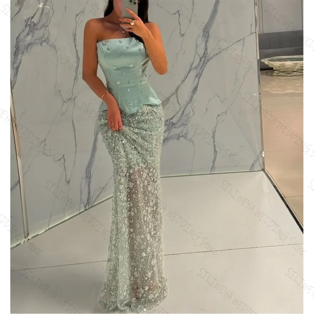 

Light Blue Strapless Straight Lace Chic Prom Dresses Sleeveless Floor Length Female Party Evening Gown