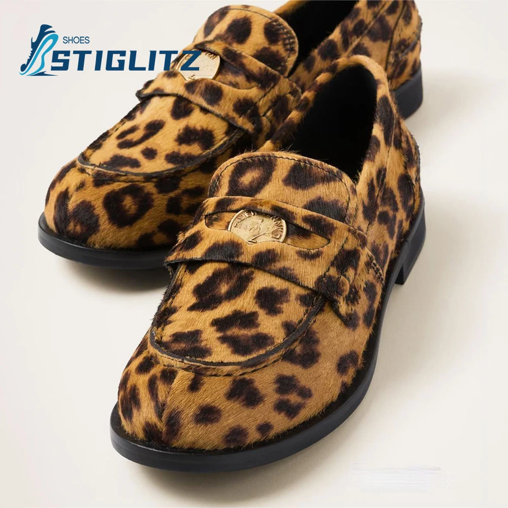 Shaggy Leopard Stylish Slip On Mules Metal Coin New Design Sense Stitching Luxury Genuine Leather Shoes Men's Casual Flat Shoes