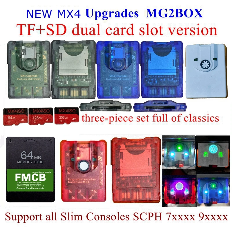 PS2 MX4 Dual Slot Edition MG2BOX TF SD Card Adapter For PS2 +256G/128G/64G Combo + 128M Funtuna FMCB Card For Slim Console