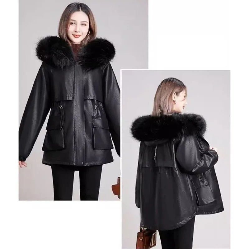 Big Fur Collar PU Leather Coat Women\'s Cotton-Padded Jacket Long 2024Autumn Winter New Parkas Korean Overcome Female Outwear Top