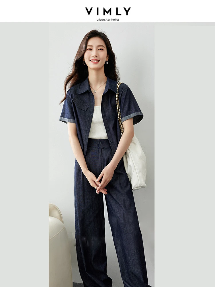 VIMLY Women\'s Vintage Clashing Color Denim Sets Summer Turndown Collar Shirt Top+Wide-Leg Pants Casual Simple Matching Set