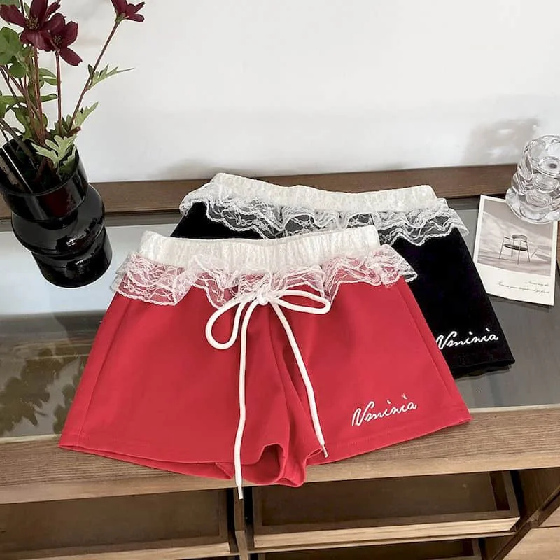 A라인 반바지 여성 캐주얼 레이스 패치워크 핫팬츠 아메리칸 스타일 스웨트팬츠 스포티 하이웨이스트 자수 여성 의류