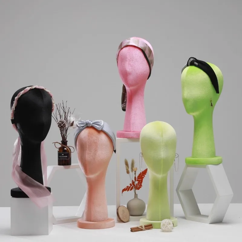 

Macaron Color Velvet Wig Display Head Fashion Long Neck Female Mannequin for Hats Jewelry Stand