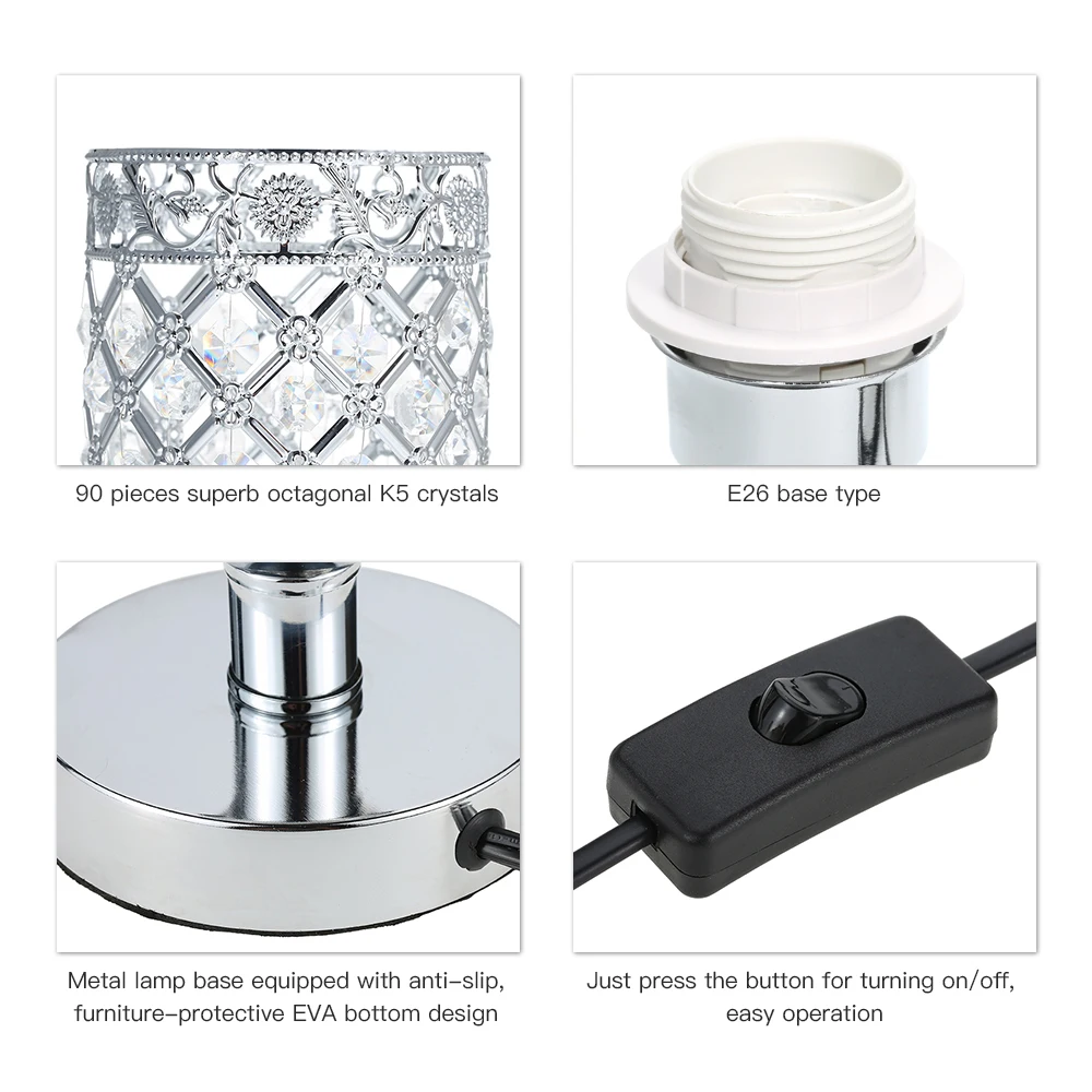 Lampa stołowa Tomshine Crystal Silver, lampka nocna, lampka biurkowa, dekoracyjna, z certyfikatem VDE, do sypialni, salonu, jadalni, kawiarni, na półkę z książkami