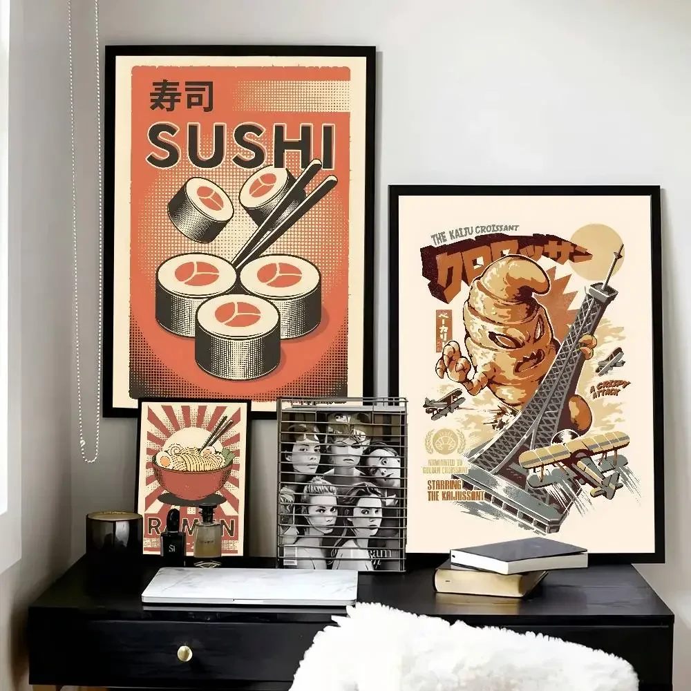 Japanese Sushi Ramen Sashimi Teriyaki Cute Cat Delicious Food Poster Canvas Painting Wall Art Pictures Kitchen Roo