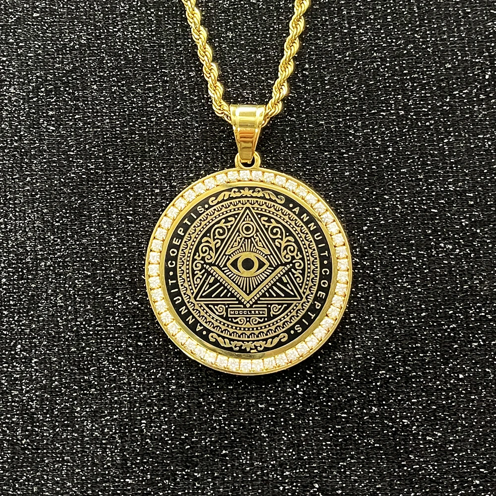 Hip Hop Mens Freemason gold color Pendant Necklace with zircon  Rhinestone Illuminati All-seeing Eye Coins Round Charming