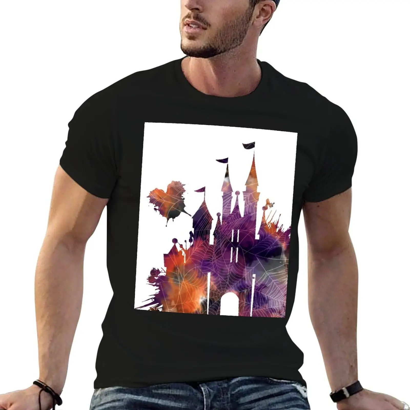 Halloween Castle Watercolor T-Shirt anime man clothes tees mens funny t shirts