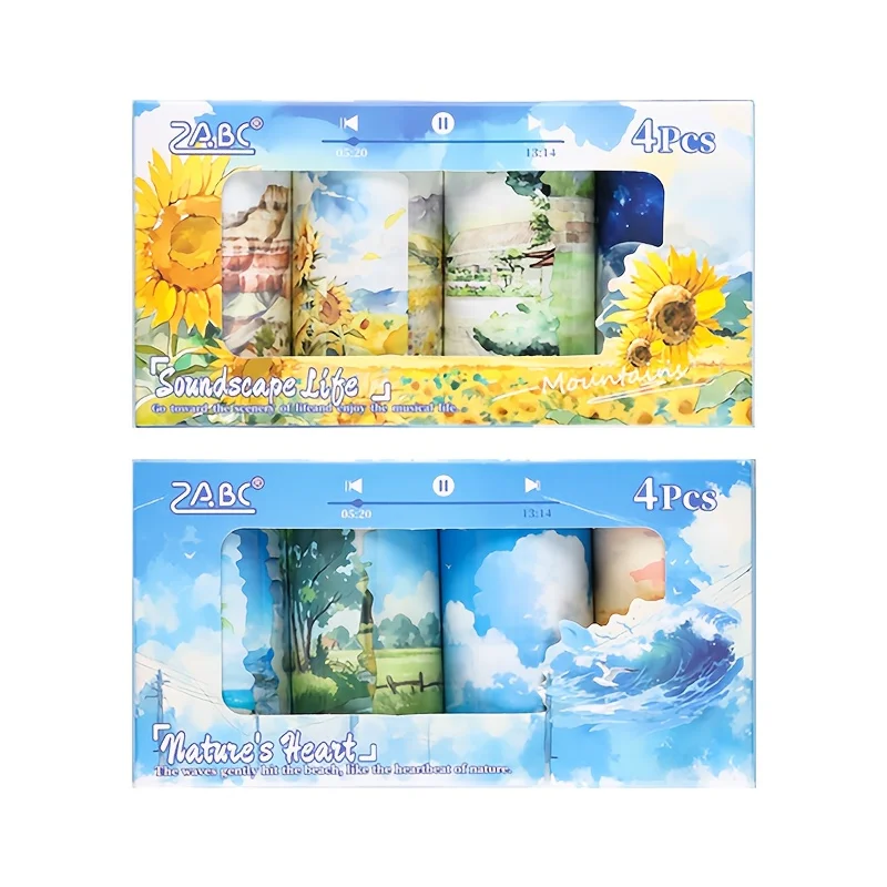4Roll Landscape Pattern Decorative Tape，forDIYHandicrafts、Scrapbook and Diary - 3.15Inches Widex78.74Inches Long，Vivid Nature-In