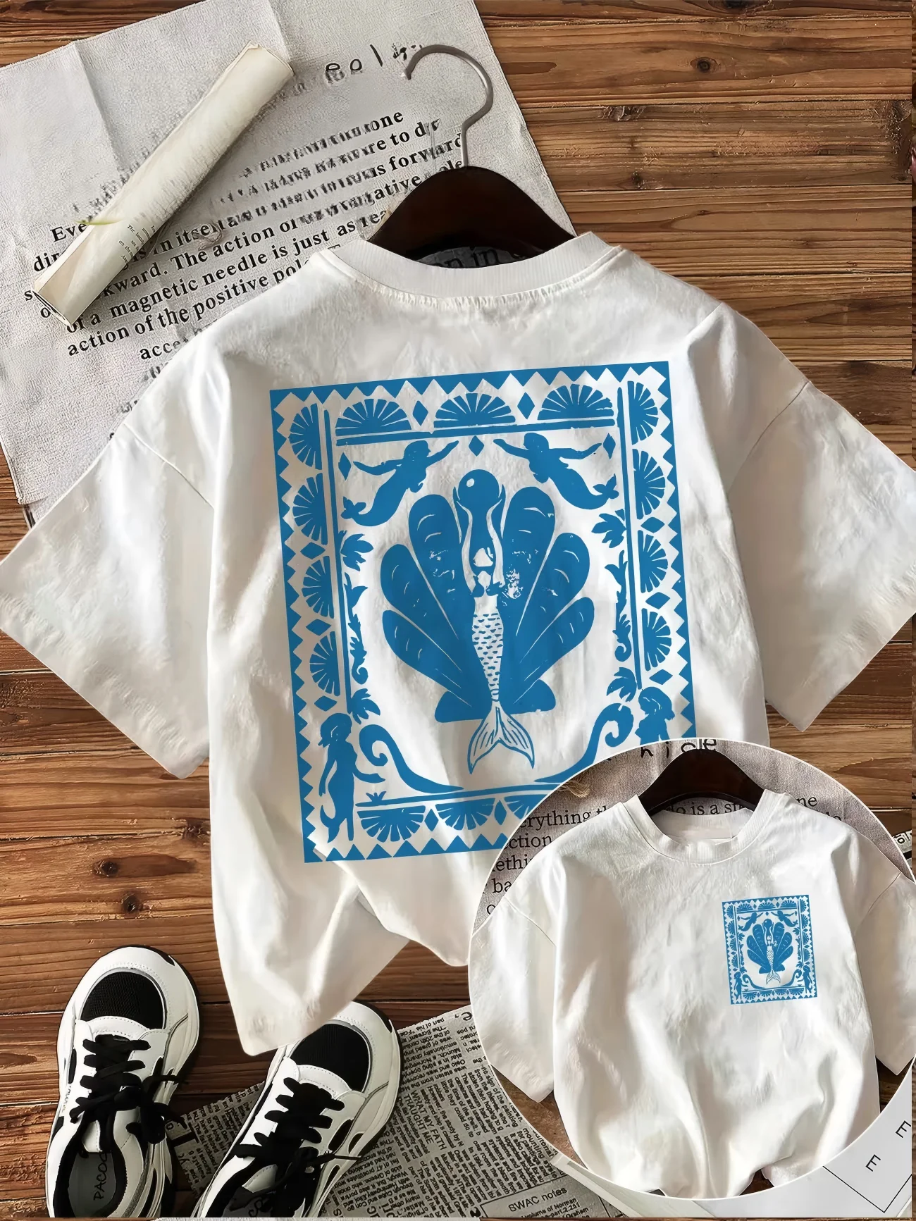 Künstlerisches Meerjungfrau-Muschel-Grafik-T-Shirt für Damen, Vintage-Stil, Mittelmeer, kurzärmelig, Sommer, lässige Mode, Streetwear-Oberteil