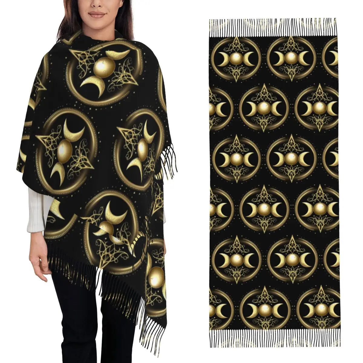 

Triple Moon With Triskelion Pentagram Pagan Wiccan Scarf Tassel Scarves Women Soft Shawls and Wraps Large Fall Winter Shawl Wrap