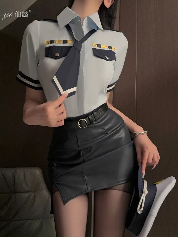 Exotic Summer Fashion Womens Clothing 2024 New Suit Collar Lacquer Leather Flight Attendant Uniform Belt Set Hip Wrap Skirt ZKUV