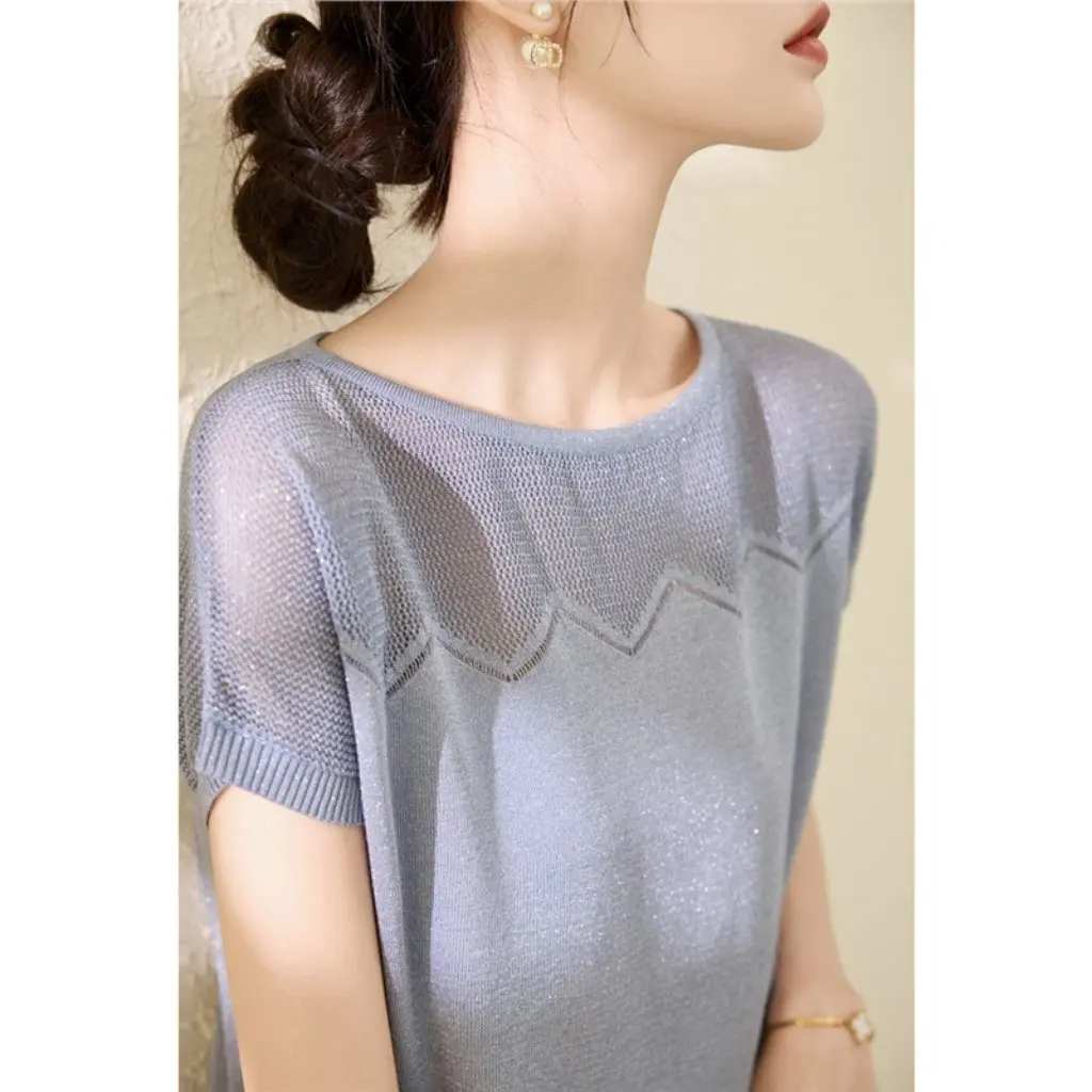 

Women's Lyocell round Neck Short-Sleeved T-shirt Summer New Ice Silk Knitted Sweater Top Loose Fit Fly-sleeved