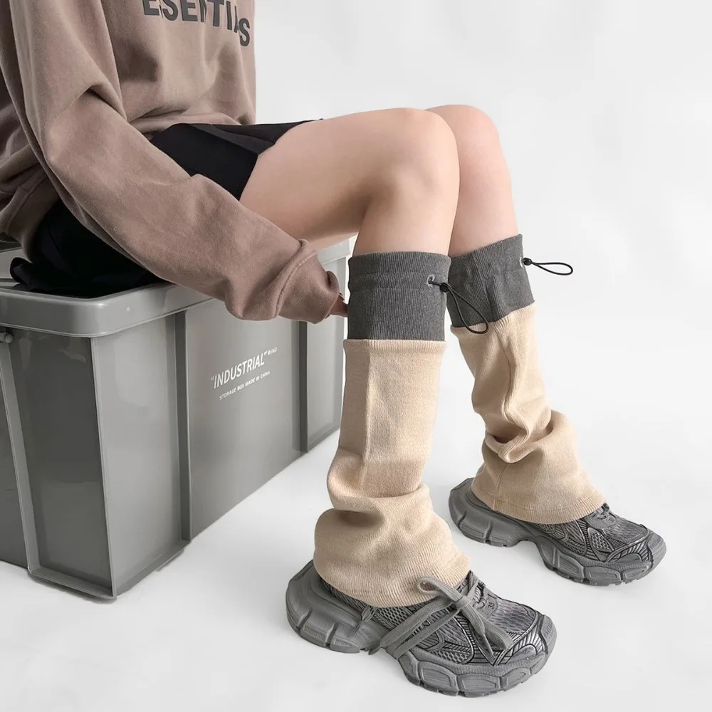 1 pair Middle Tube Leg Warmers Breathable Adjustable Buckle Calf Socks Drawstring Closure Gray Spliced Boot Cuffs Autumn Winter